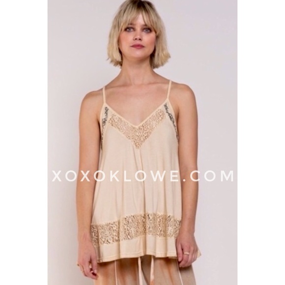 POL Beige Embroidered Lace Inset Sleeveless Racerback Cami Top - Picture 3 of 14